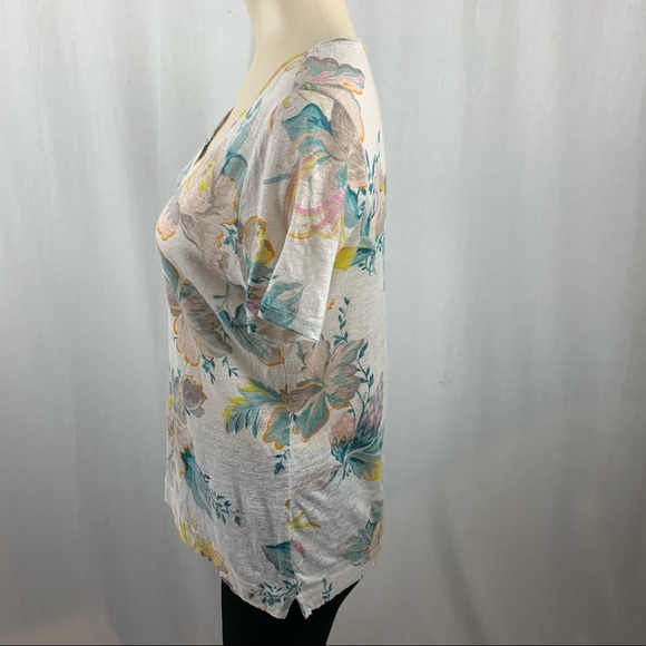 Ann Loft Floral Print Linen V-neck Tee M - Picture 4 of 8